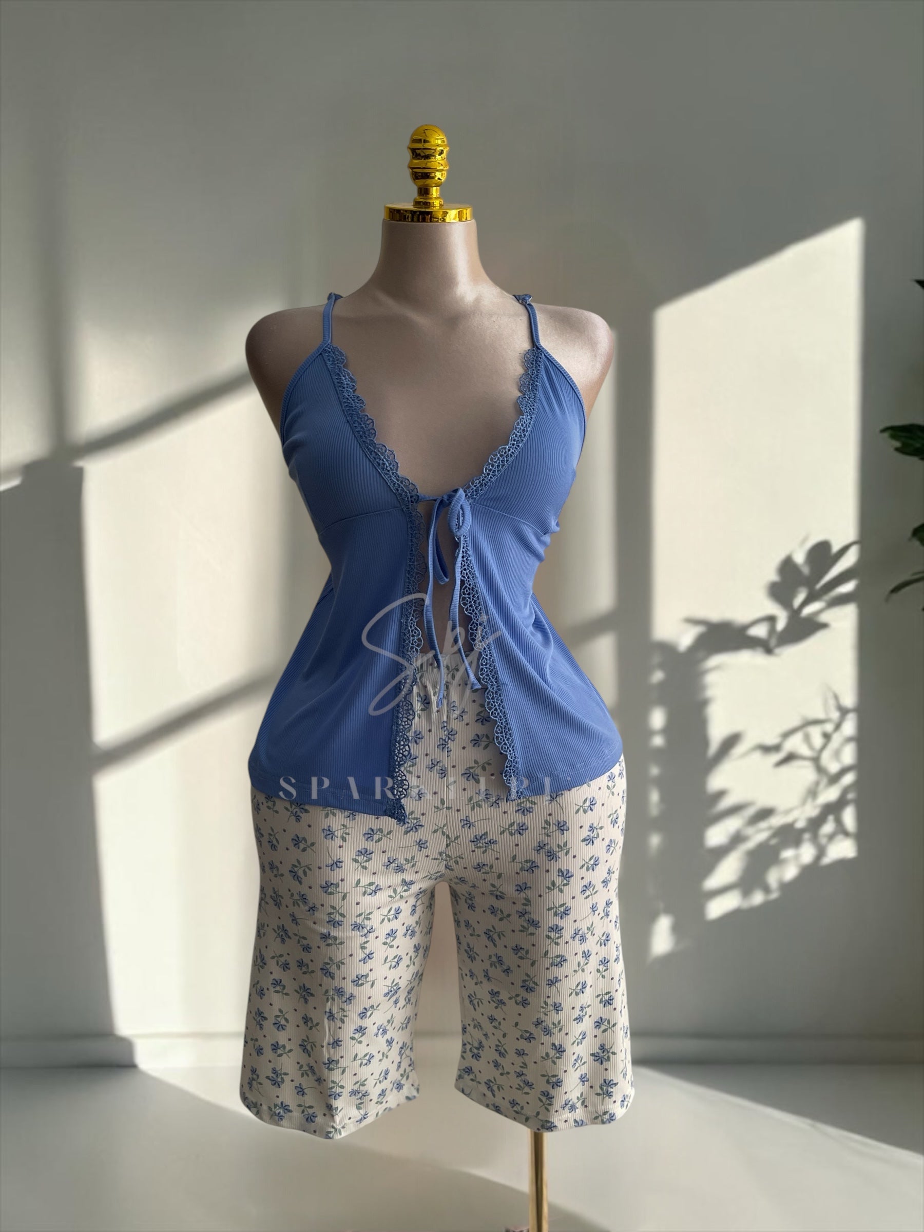 Lace Tie Front Shorts Pajama Set