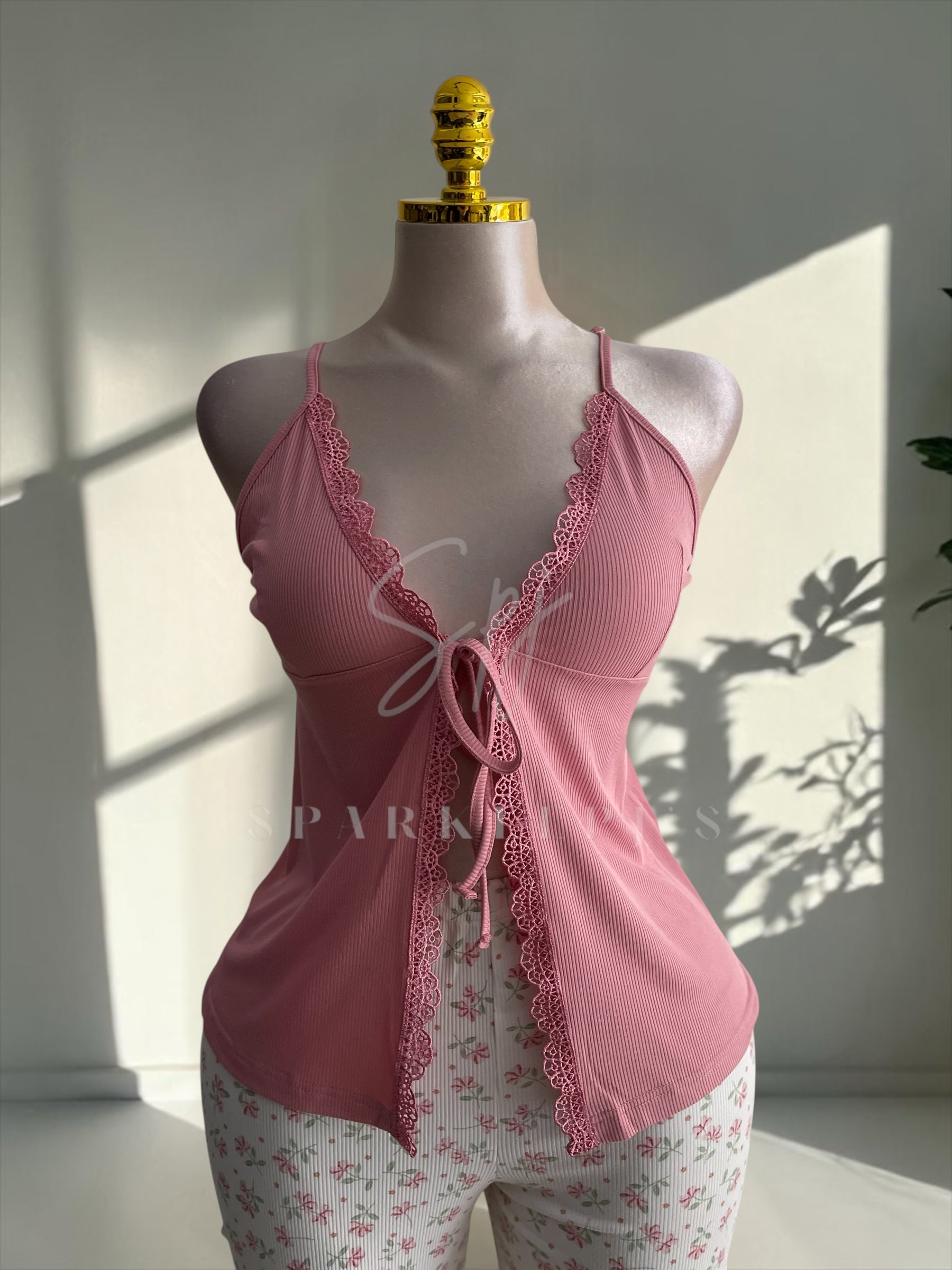 Lace Tie Front Shorts Pajama Set