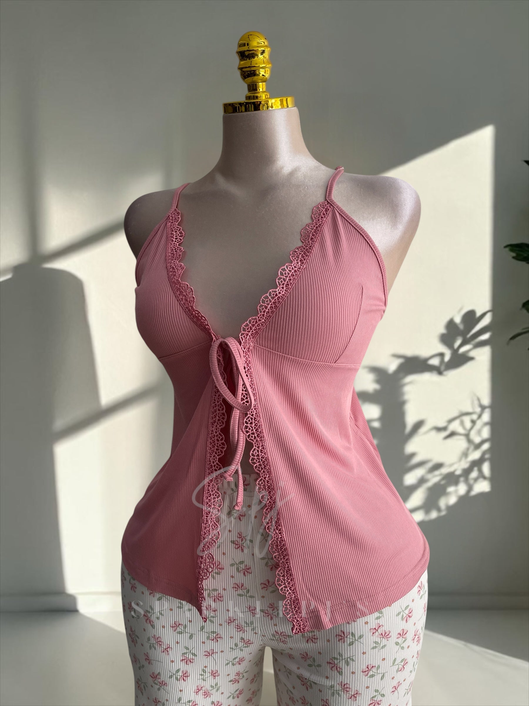 Lace Tie Front Shorts Pajama Set