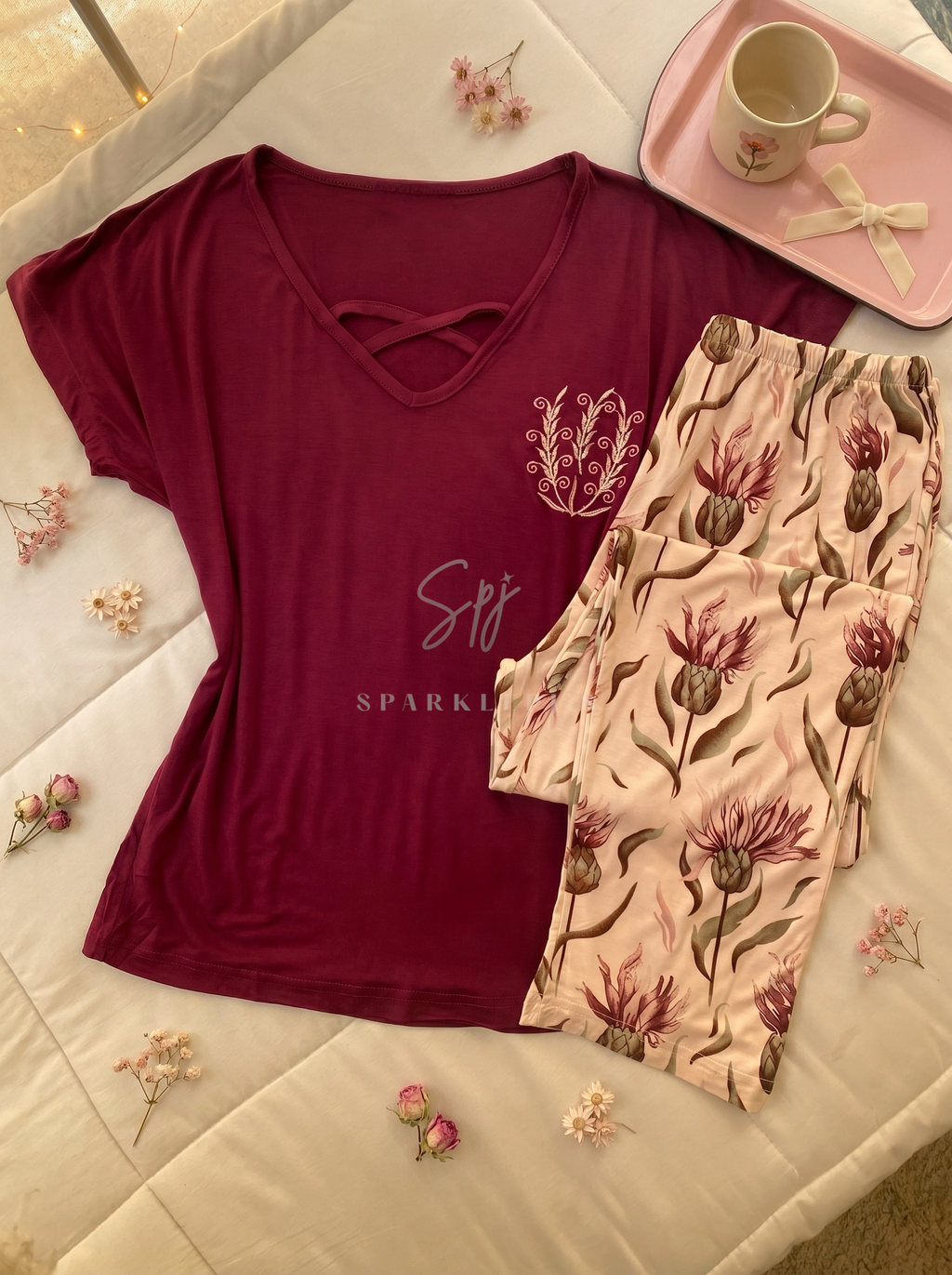 Burgundy Blossom Pajama Set