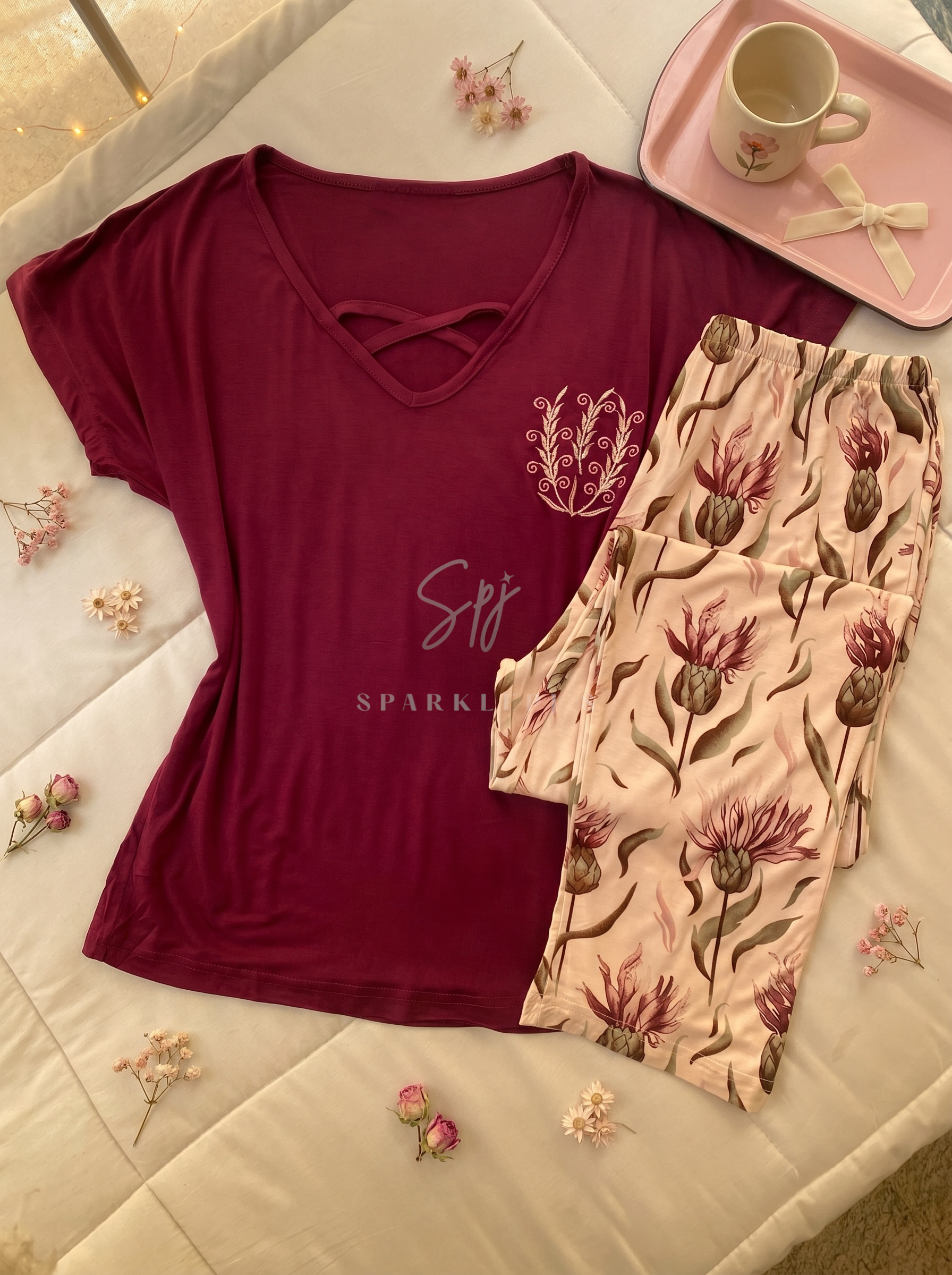 Burgundy Blossom Pajama Set