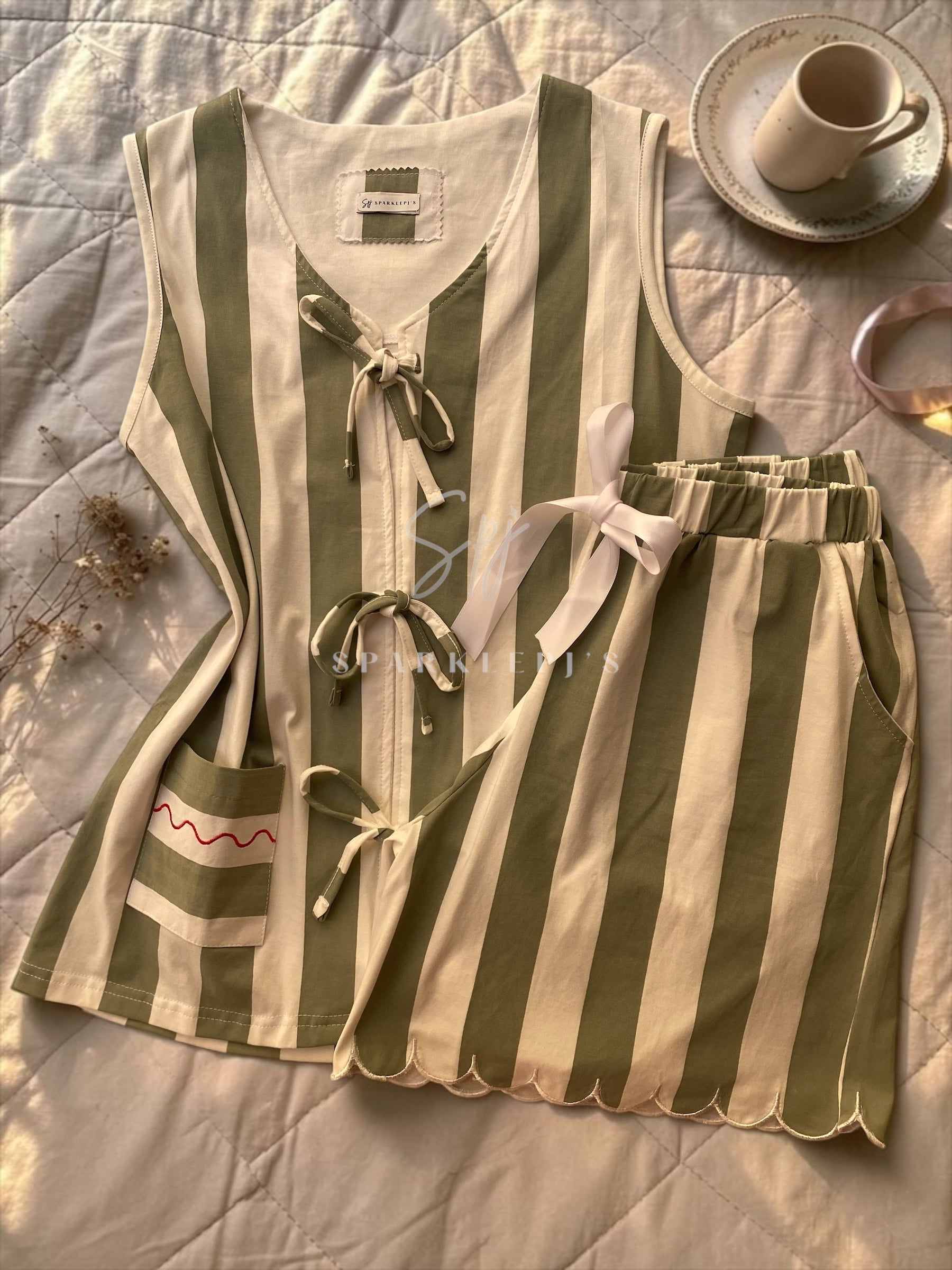 Olive Stripe Pajama Short Set