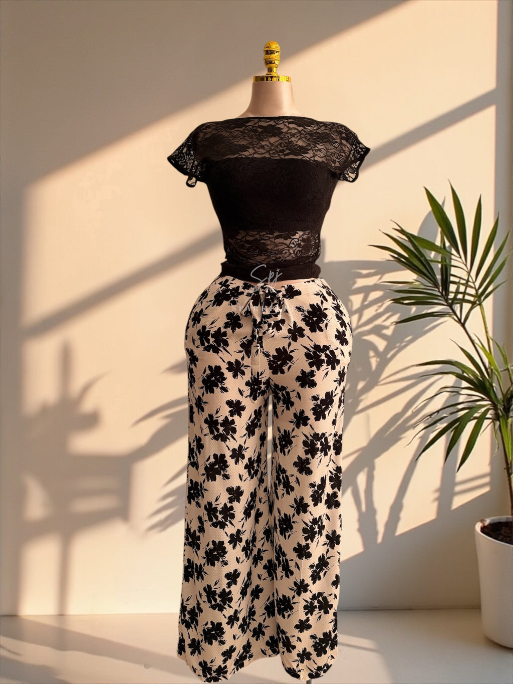 Black Lace Bloom Pajama Set