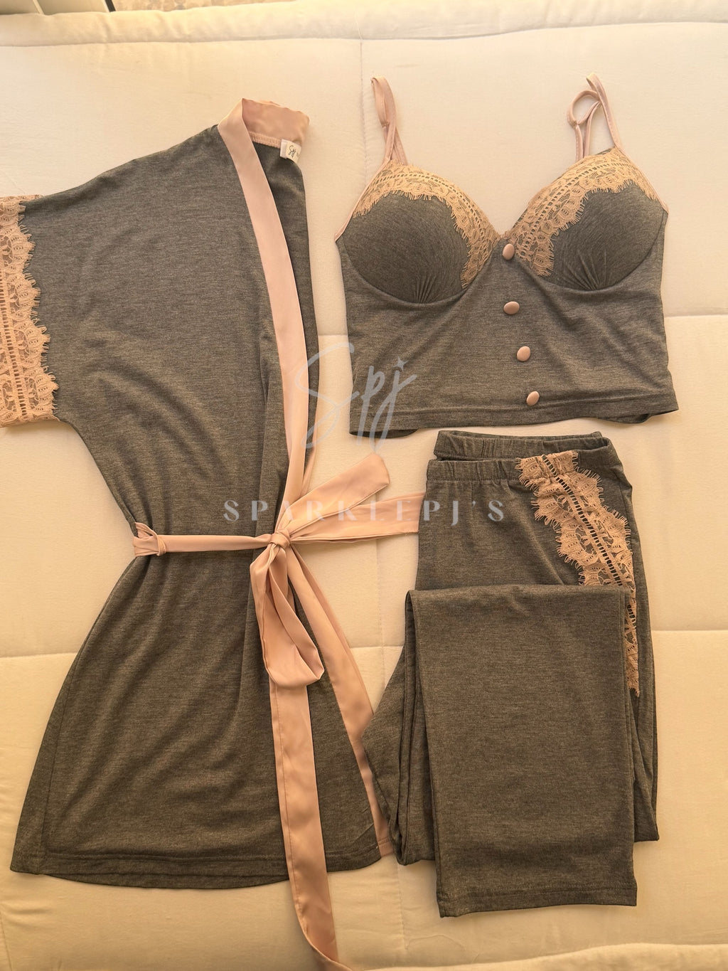 Elegant Lace 3-Piece Pajama Set (Long-Pants)