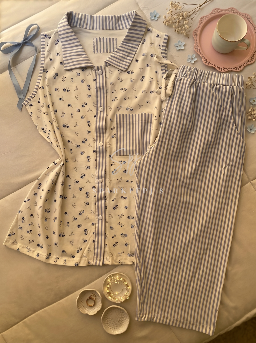 Floral Stripe Pantacourt Pajama Set