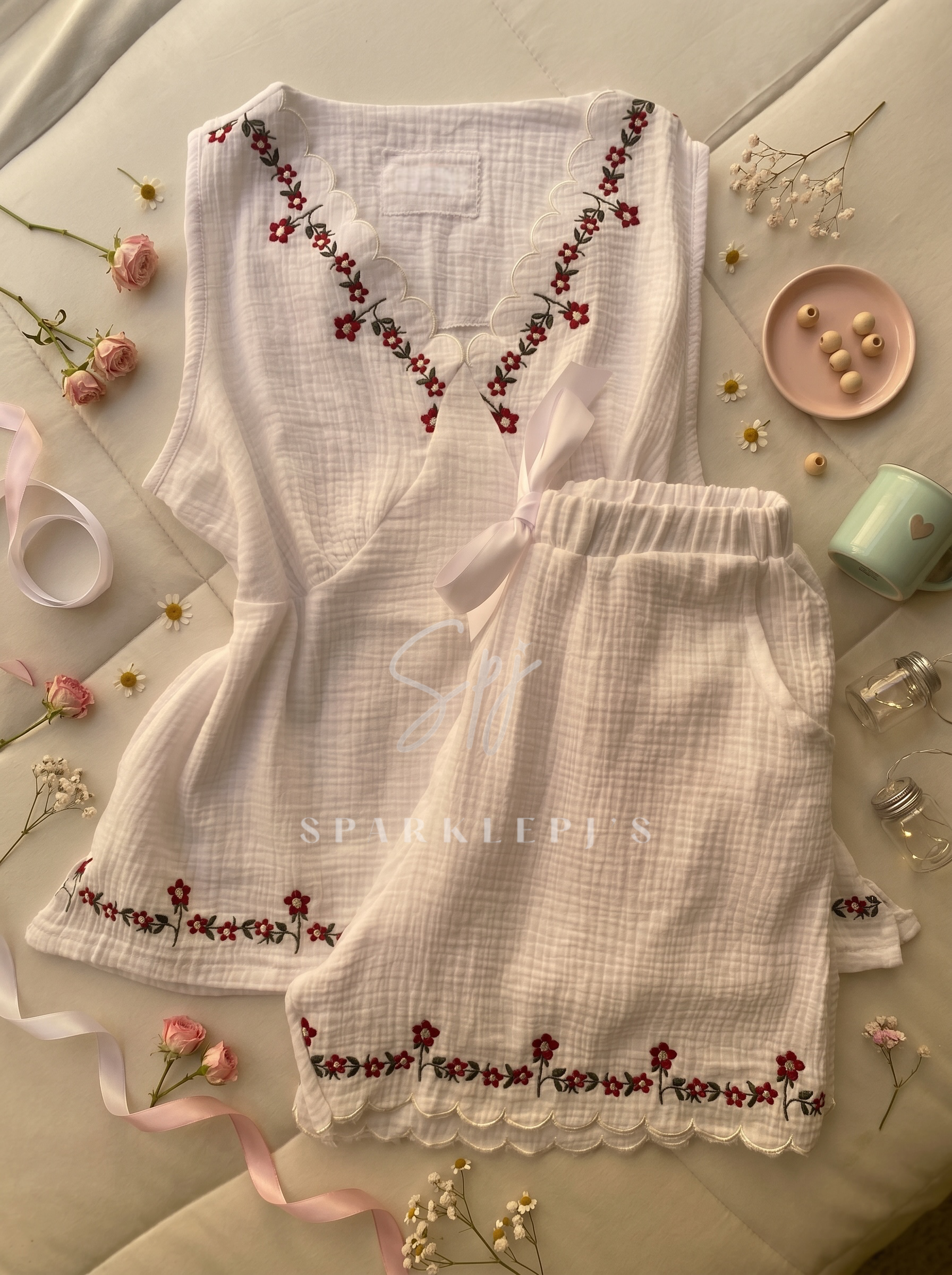 Floral Embroidery Pajama Shorts Set