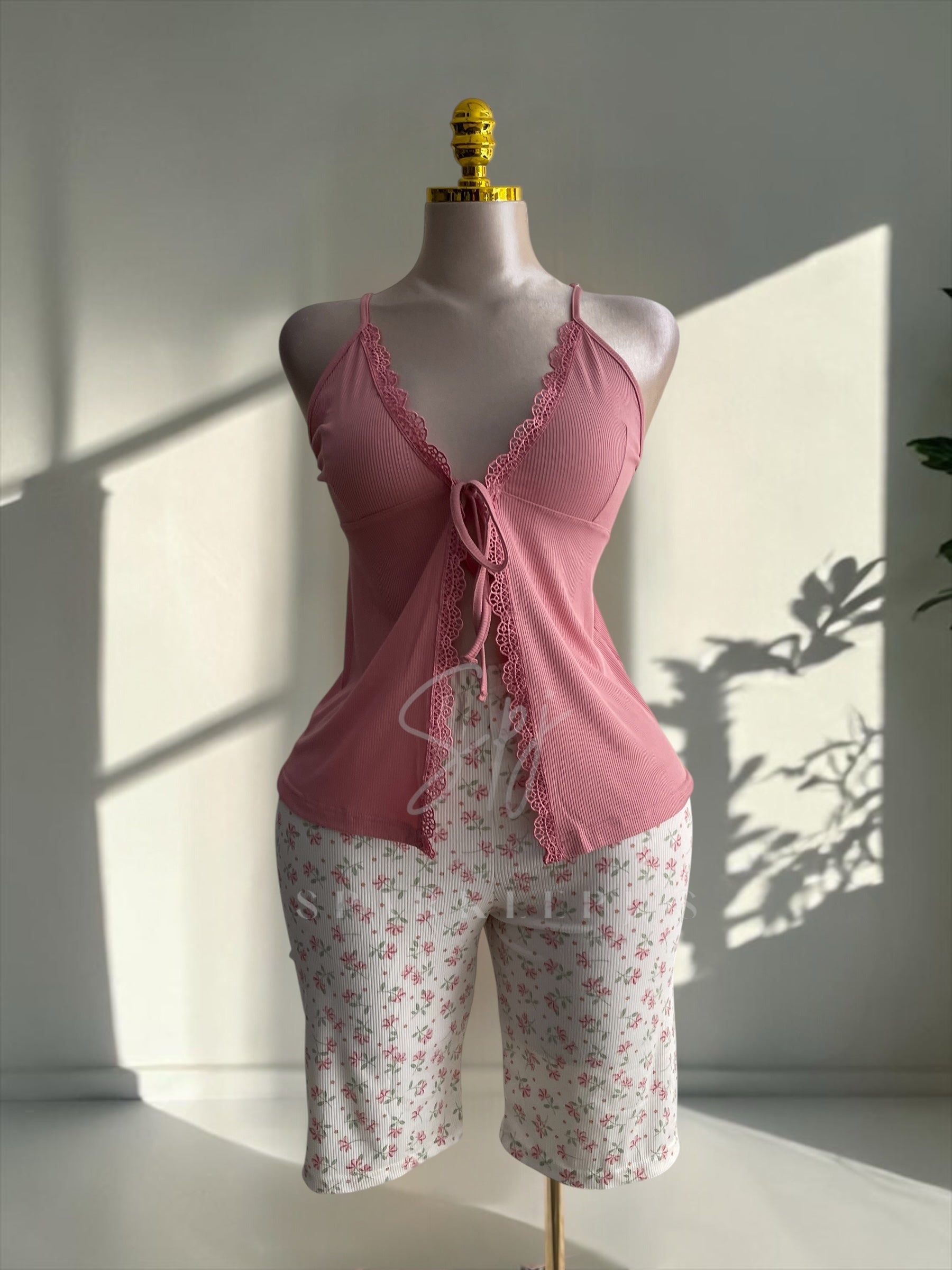 Lace Tie Front Shorts Pajama Set