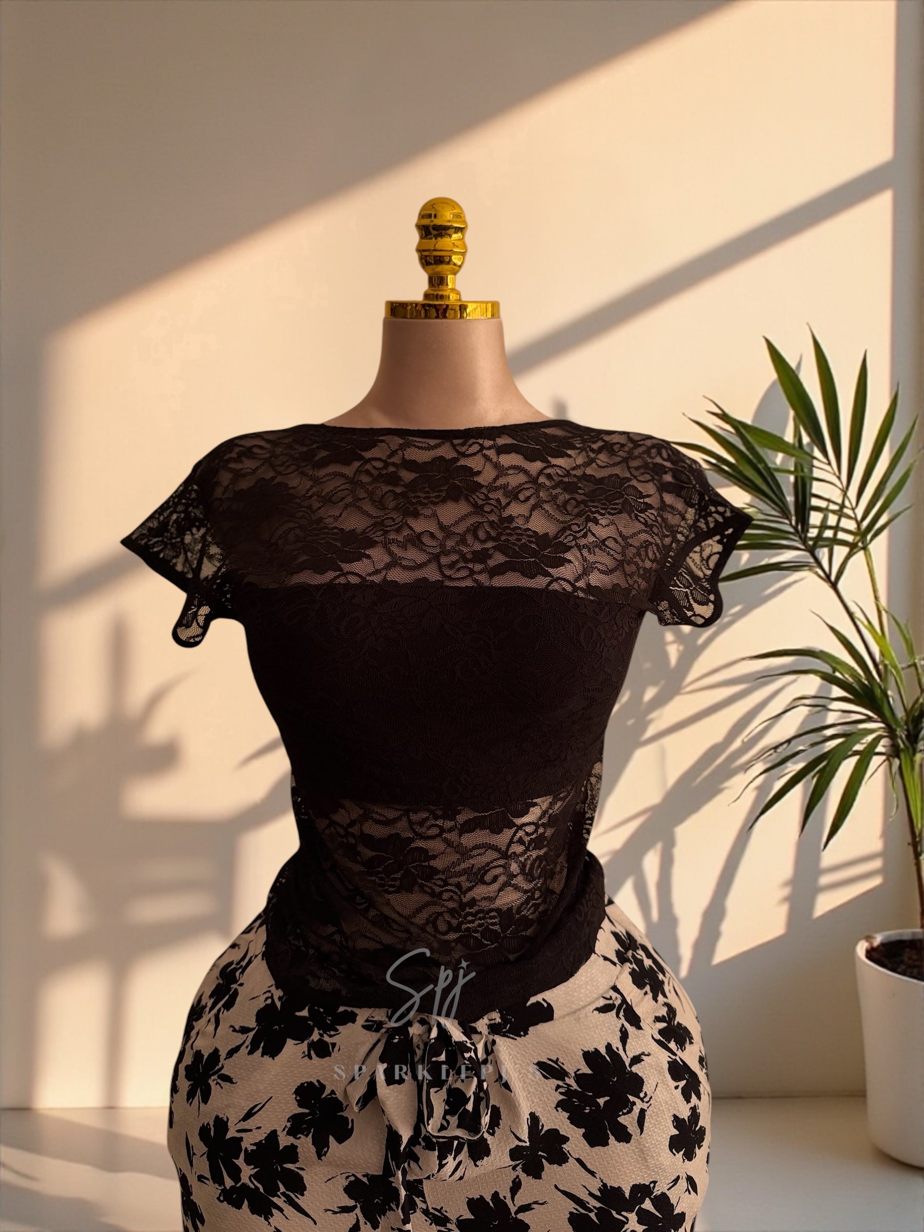 Black Lace Bloom Pajama Set