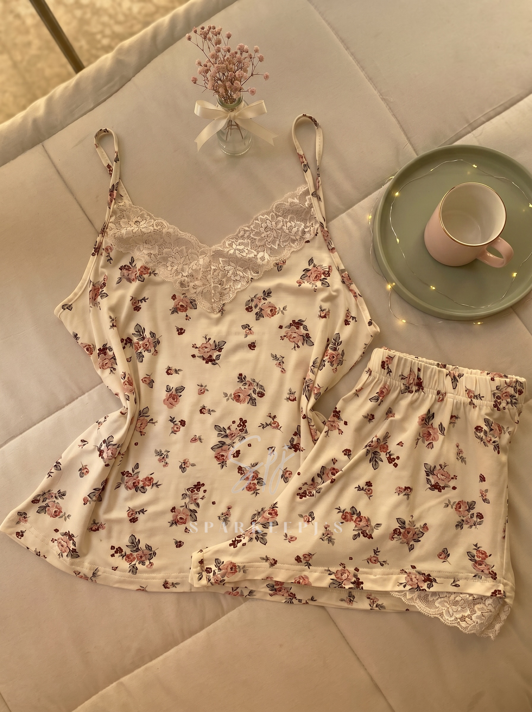 Floral Lace Cami & Shorts Pajama Set