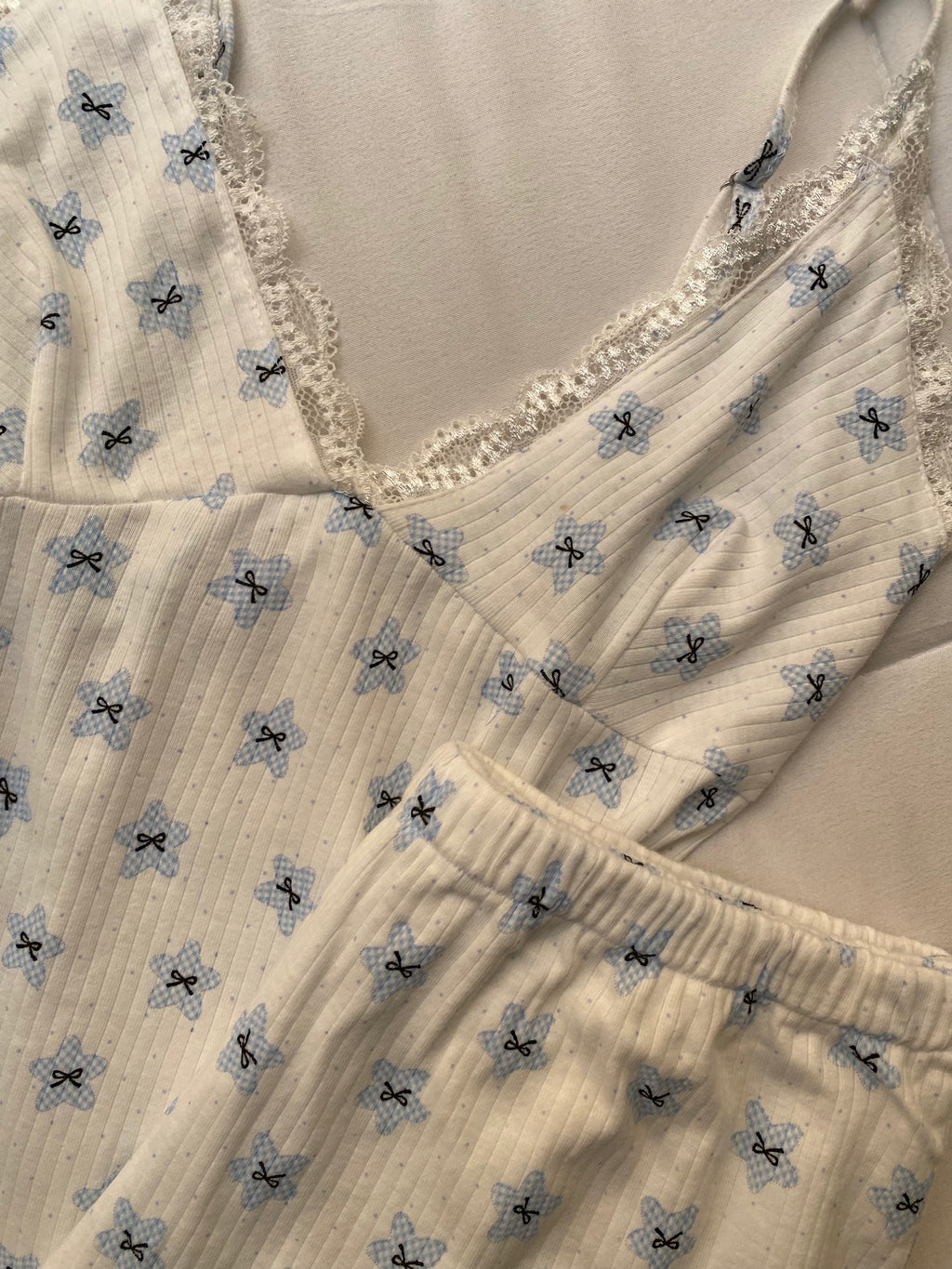 Bow Lace Ribbed Short Pajama Set