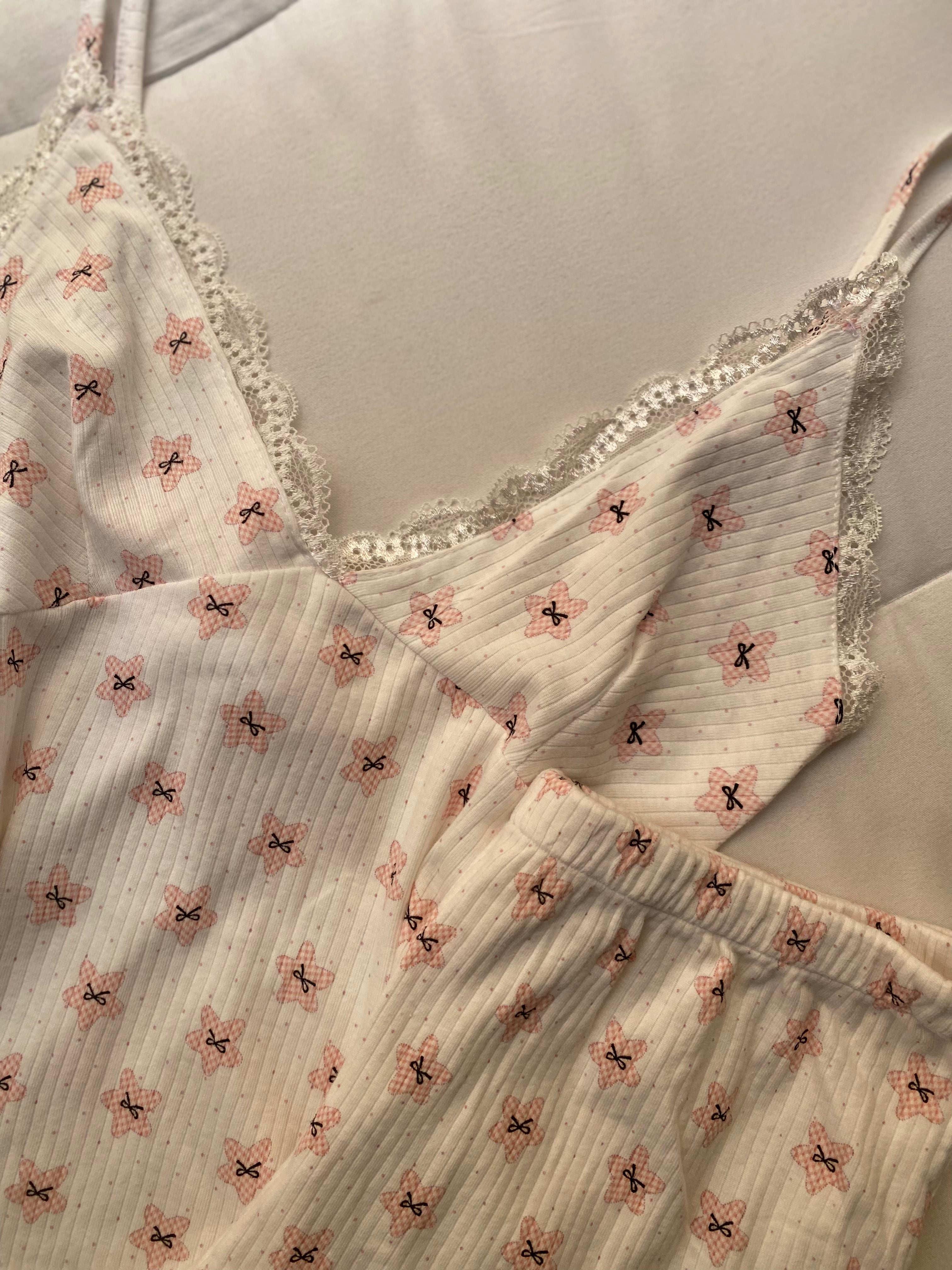 Bow Lace Ribbed Short Pajama Set
