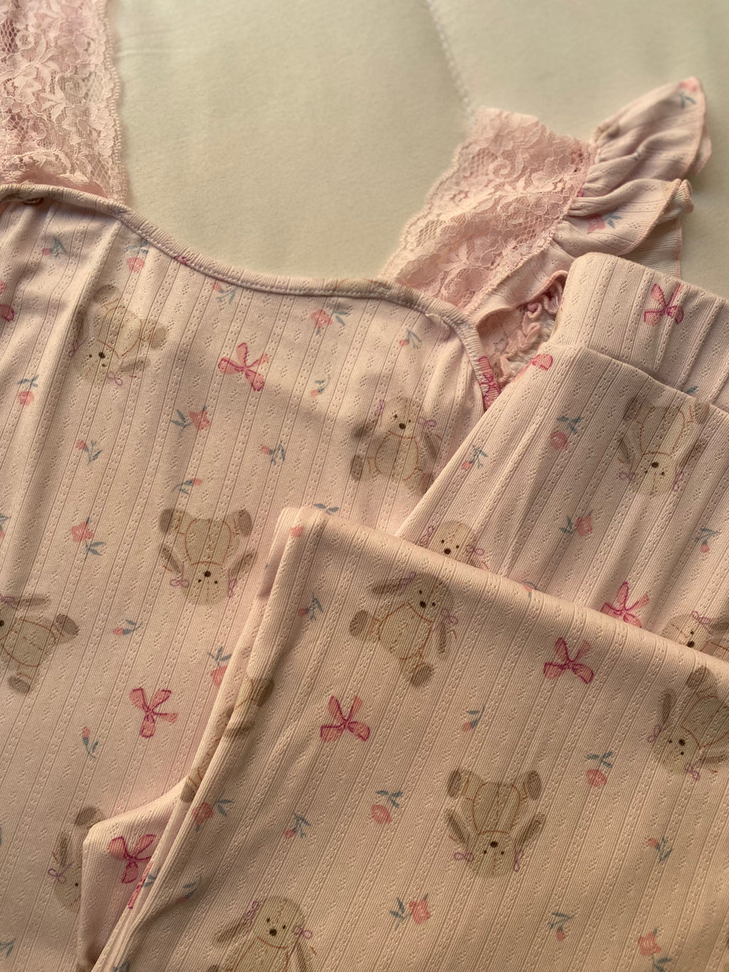 Teddy Bow Ribbed Pajama Set