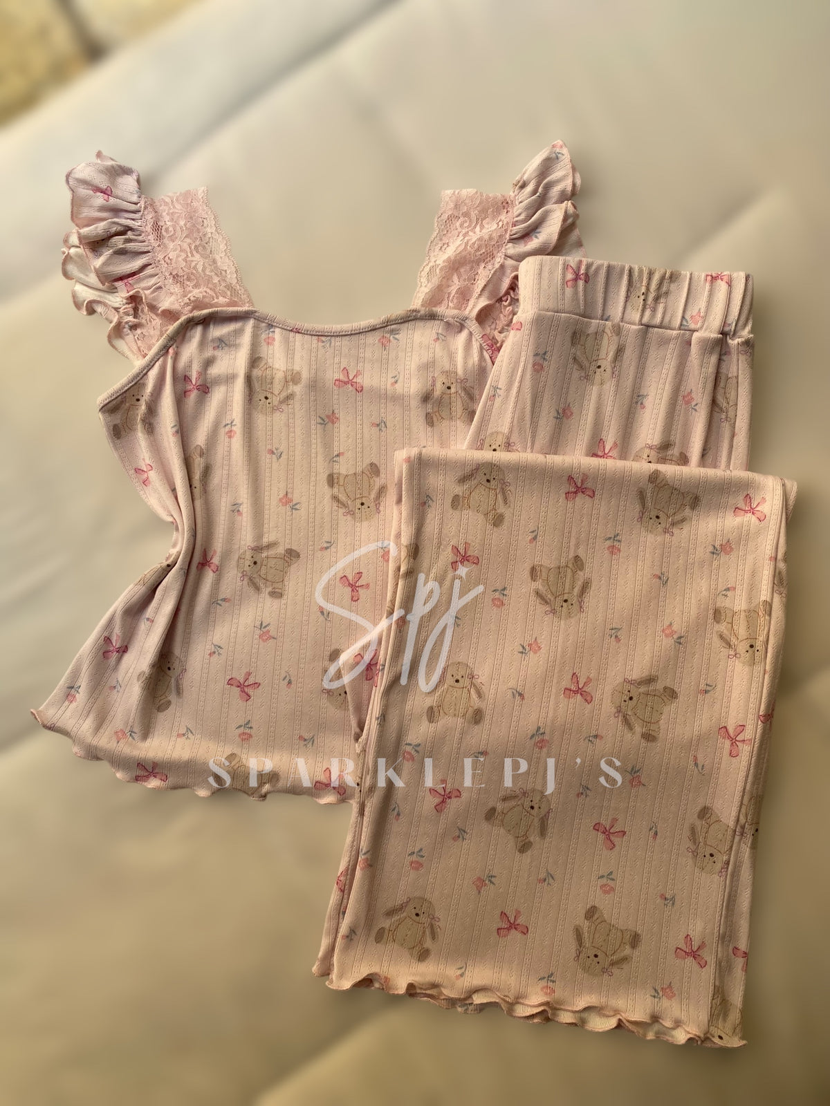 Teddy Bow Ribbed Pajama Set