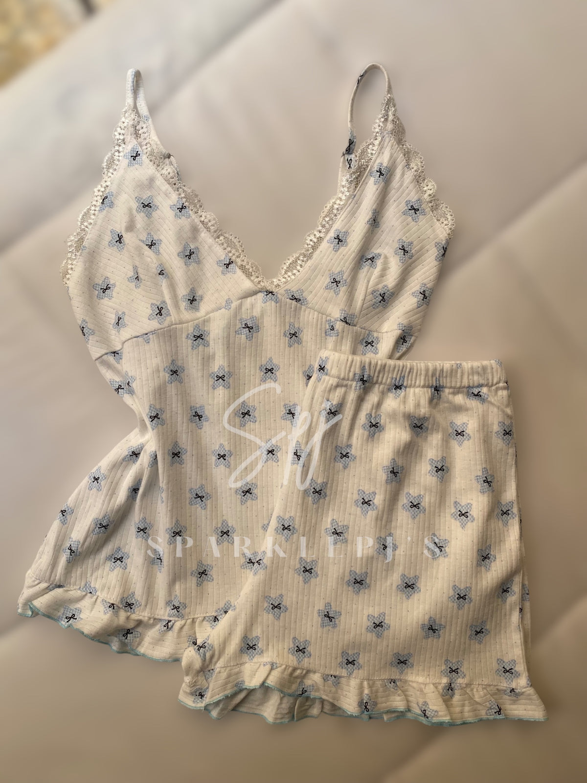 Bow Lace Ribbed Short Pajama Set