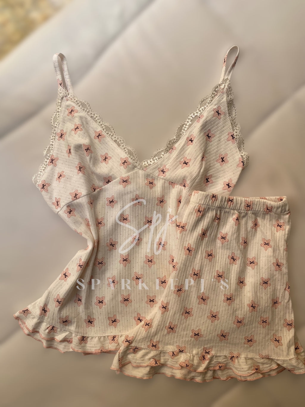 Bow Lace Ribbed Short Pajama Set