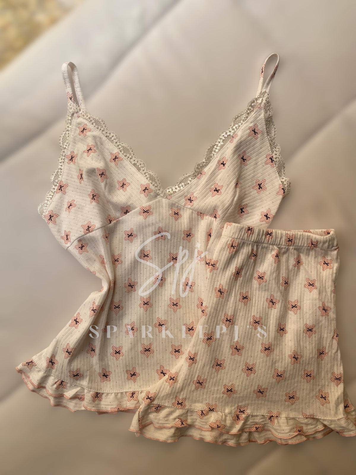 Bow Lace Ribbed Short Pajama Set